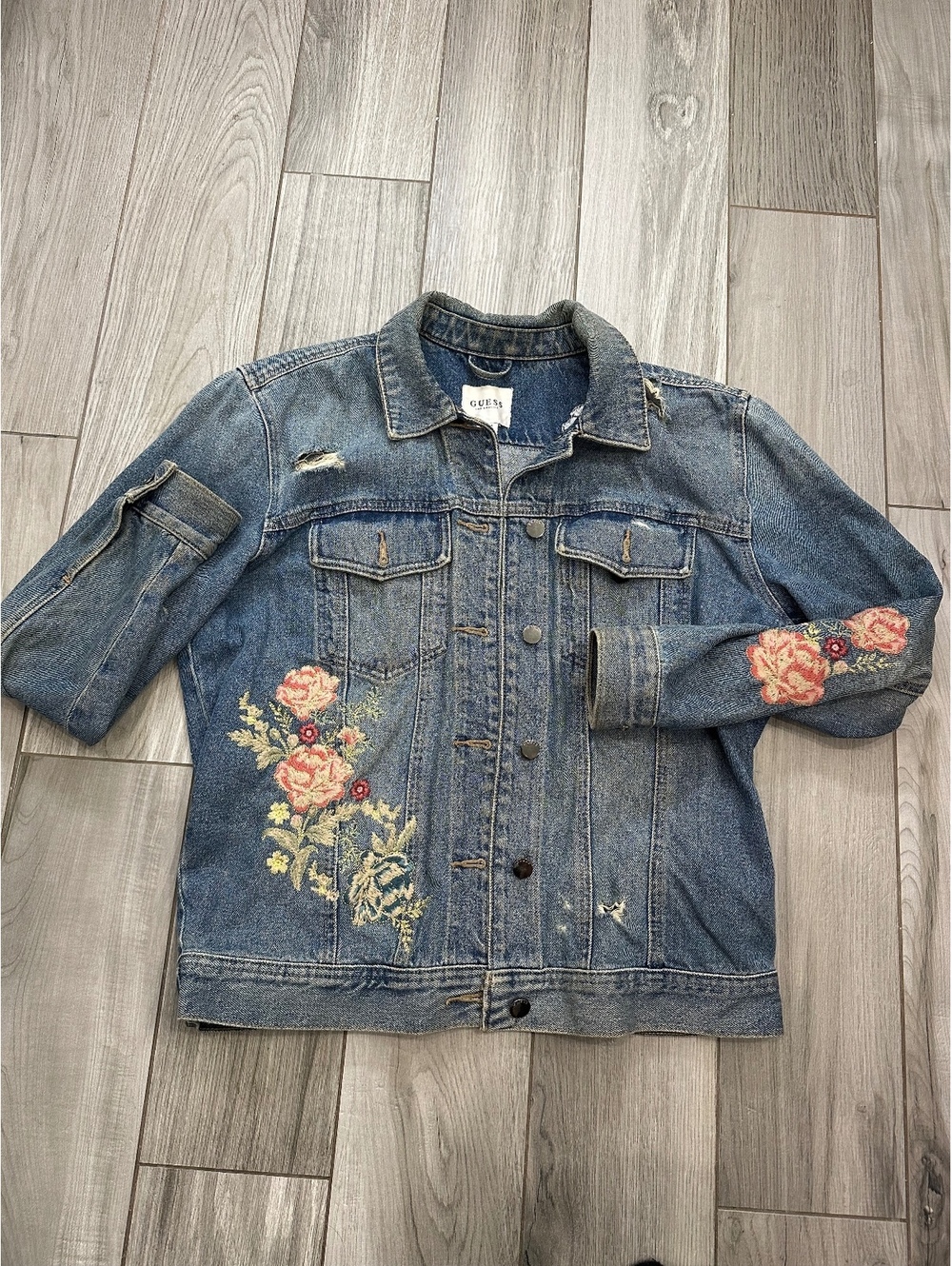 Guess Floral Embroidered Denim Jacket Medium